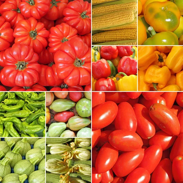 Colagem com produtos hortícolas biológicos no mercado dos agricultores — Fotografia de Stock