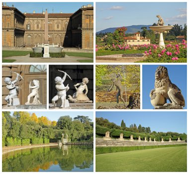 Poster with images of florentine historic Boboli Gardens, Tuscan clipart