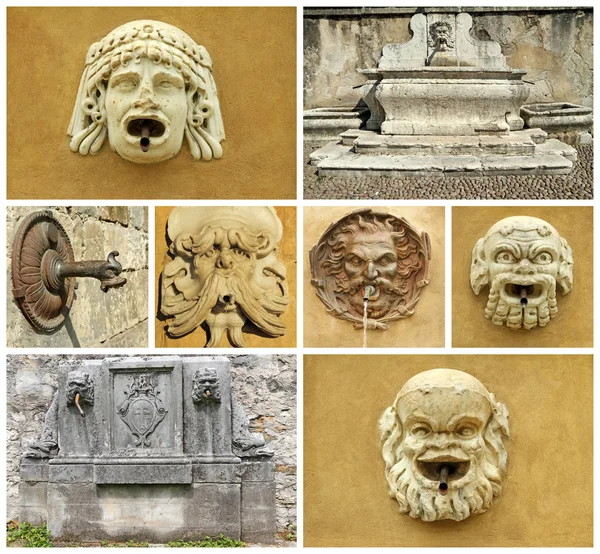 Collage with details of retro fountains in Italy, Europe — ストック写真