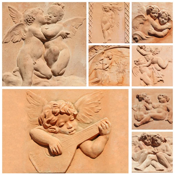 Toskánských řemesel koláž, andělský reliéfy v terakotových, Itálie — Stock fotografie