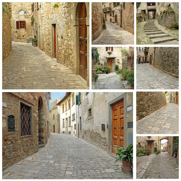 Collage con antiguas calles estrechas de piedra en Toscana, Italia, Europa — Foto de Stock