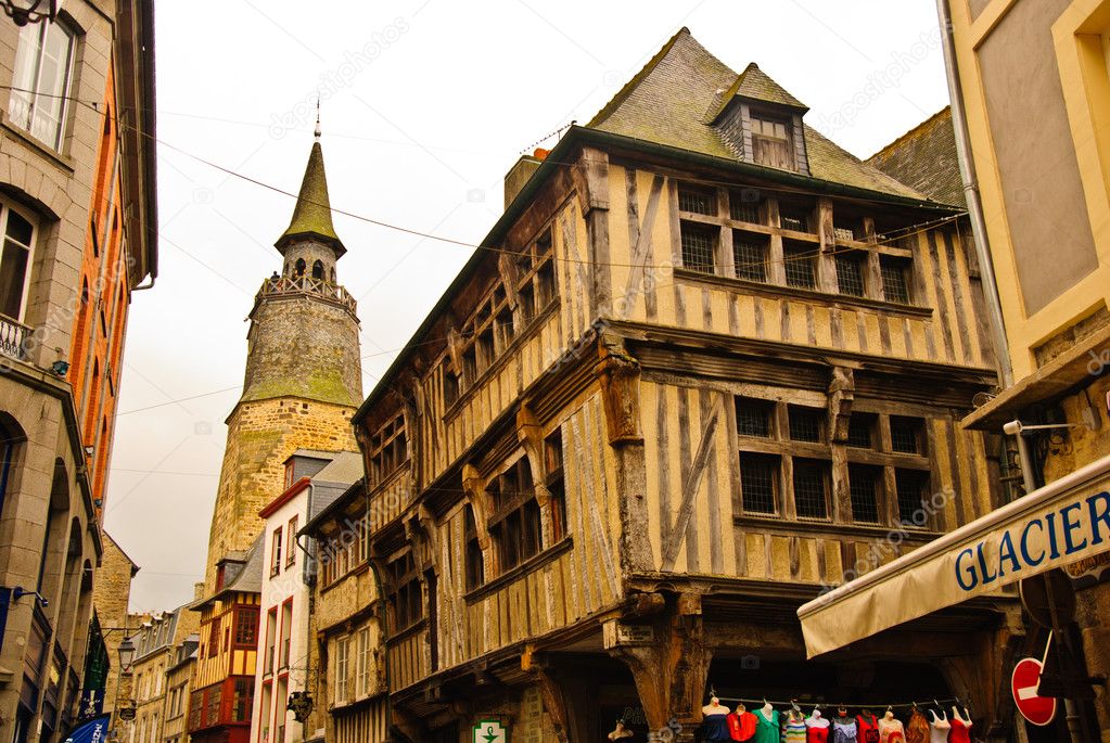 Medieval street with timber-framed houses, Dinan, France