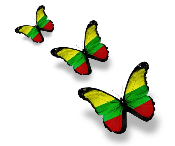 Trzy motyle banderą Litewską, na białym tle — Zdjęcie stockowe