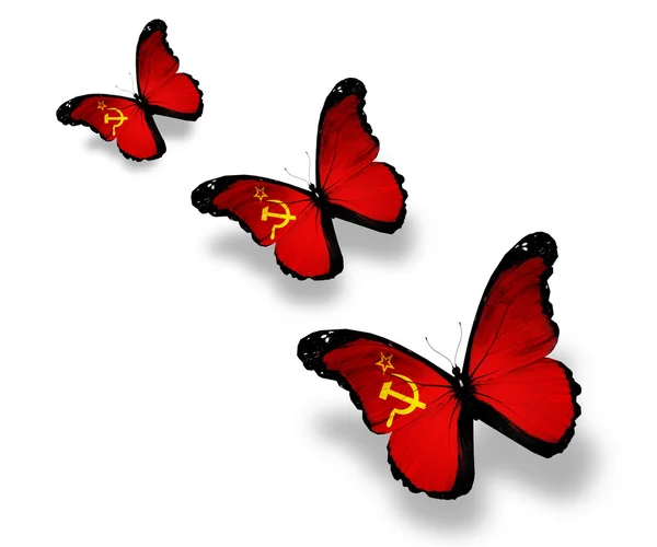 Drie Sovjet-Unie vlag vlinders, geïsoleerd op wit — Stockfoto