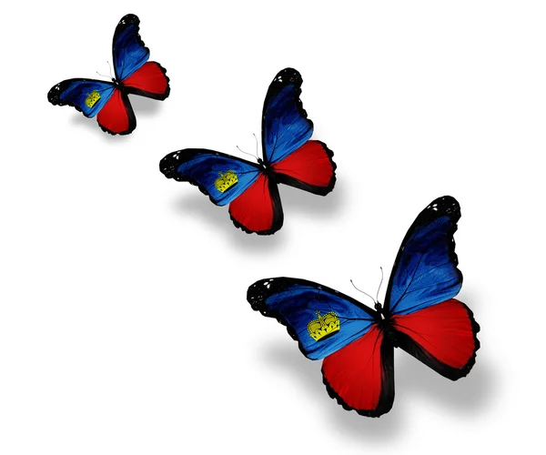 Tre farfalle bandiera Liechtenstein, isolate su bianco — Foto Stock