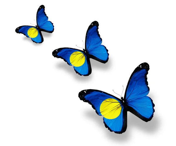 Tre farfalle bandiera Palau, isolate su bianco — Foto Stock