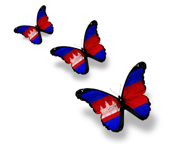 Három Kambodzsa zászló pillangók, elszigetelt fehér — Stock Fotó