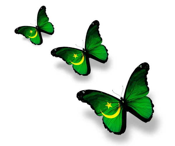 Tre farfalle bandiera mauritana, isolate su bianco — Foto Stock