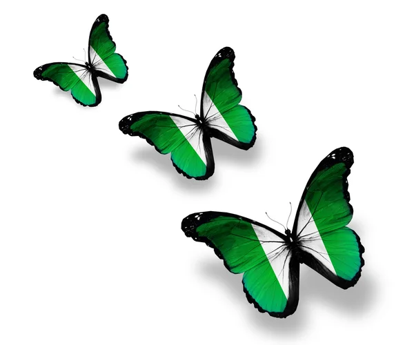 Drie nigeria vlag vlinders, geïsoleerd op wit — Stockfoto