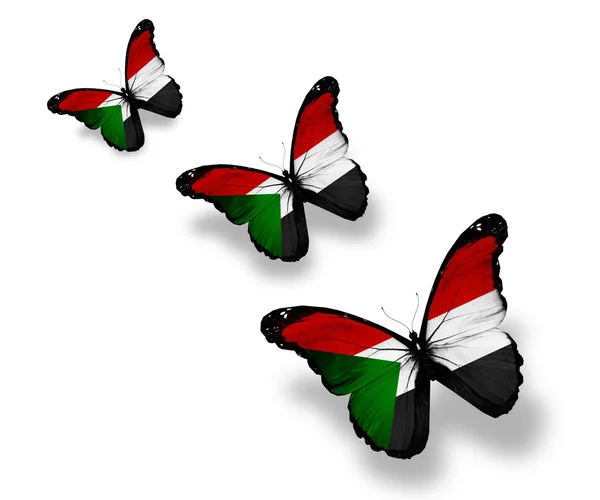 Kelebekler, üzerinde beyaz izole üç Sudan bayrağı — Stok fotoğraf