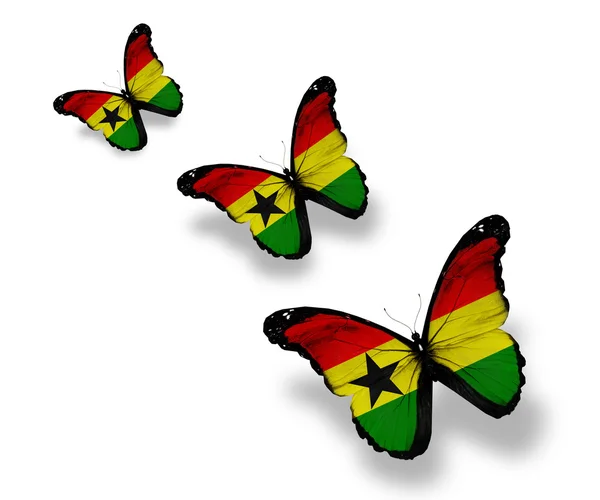 Tre farfalle bandiera Ghana, isolate su bianco — Foto Stock