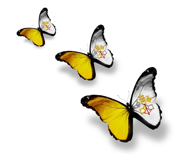 Três borboletas da bandeira do Vaticano, isoladas em branco — Fotografia de Stock