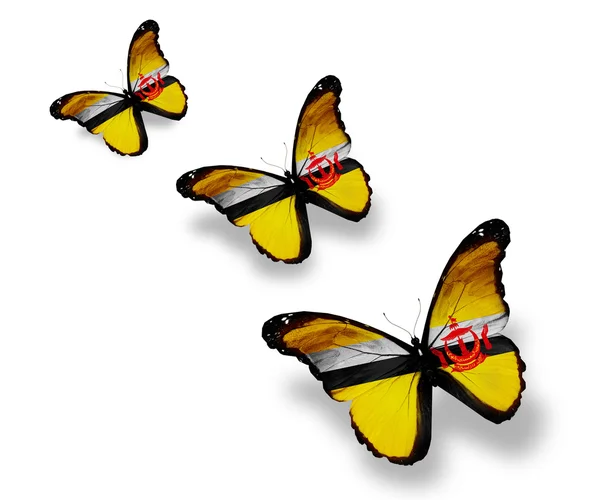 Три бабочки с флагом Брунея, изолированные на белом — стоковое фото
