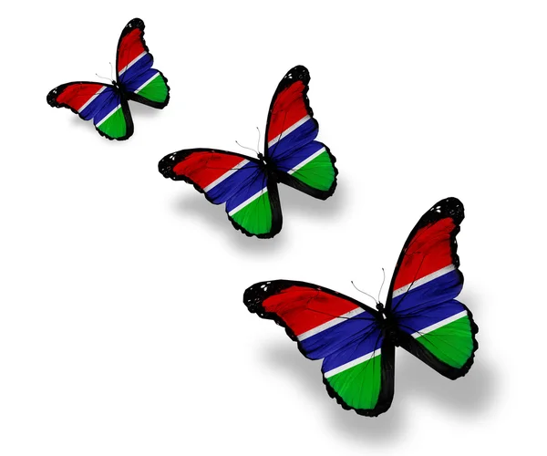 Tre farfalle bandiera Repubblica del Gambia, isolate su bianco — Foto Stock