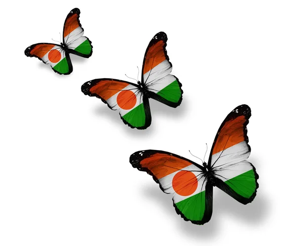 Beyaz izole üç Nijer bayrak kelebekler — Stok fotoğraf