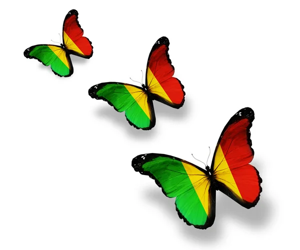 Tre farfalle bandiera del Mali, isolate su bianco — Foto Stock