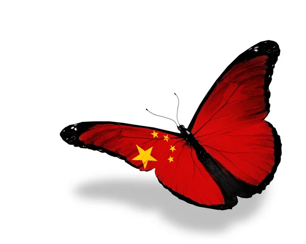 Chiński flaga motyl latający na białym tle na białym tle — Zdjęcie stockowe