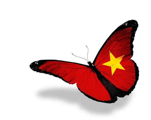 Vietnámi zászló pillangó repül, elszigetelt fehér background — Stock Fotó
