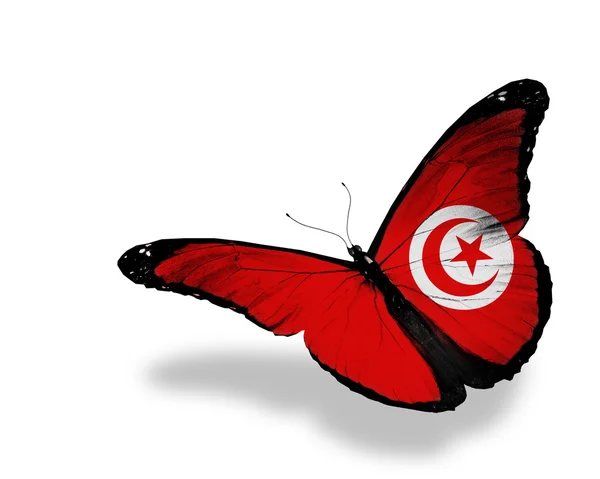 Flaga Tunezji motyl latający na białym tle na białym tle — Zdjęcie stockowe