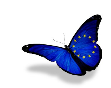 European Union flag butterfly flying, isolated on white backgrou clipart