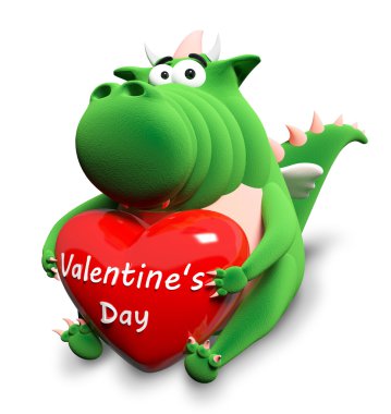 Green dragon and big red heart isolated on white clipart