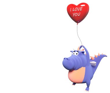 Blue dragon and big red heart-balloon, isolated on white backrou clipart