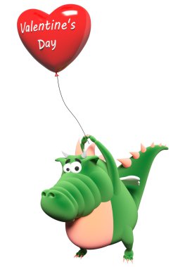 Green dragon with big red heart-balloon, isolated on white backr clipart