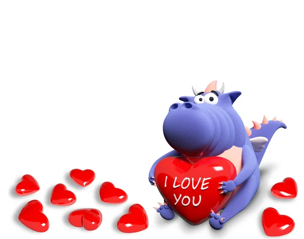Blauer Drache und viele rote Herzen, isoliert auf weißem Hintergrund — Stockfoto