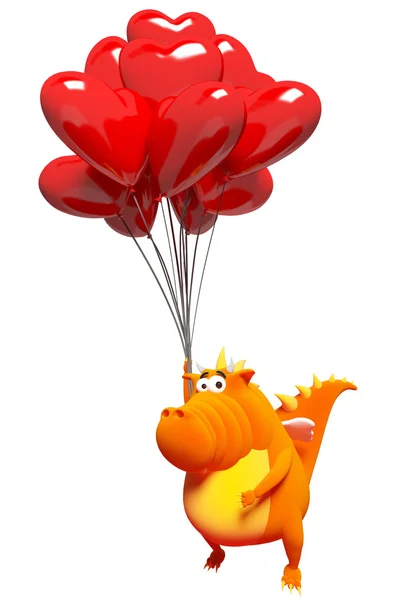 Oranje draak en ballonnen - rode harten — Stockfoto