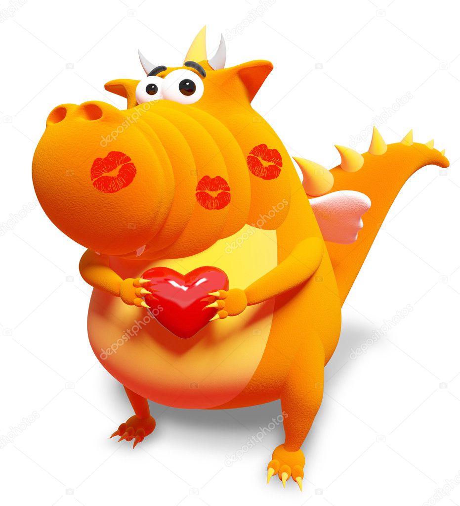 Orange dragon with red heart and kisses, isolated on white