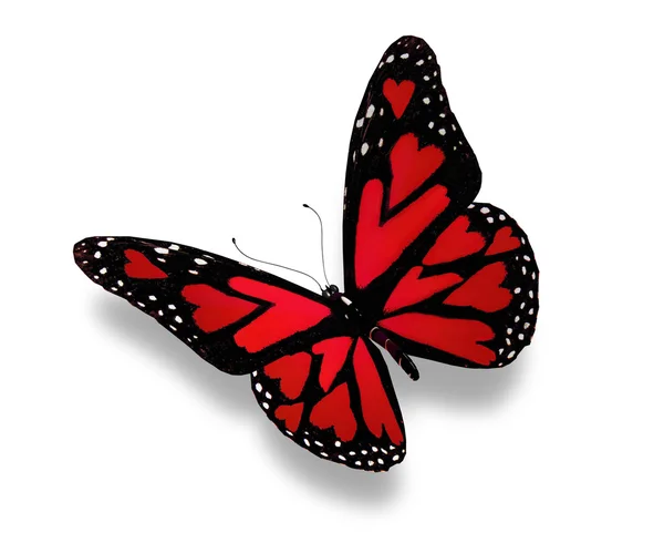 Kırmızı kelebek kanatları üzerinde yürekleri — Stok fotoğraf