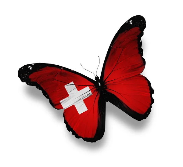 Schmetterling mit Schweizer Flagge, isoliert auf weiss — Stockfoto