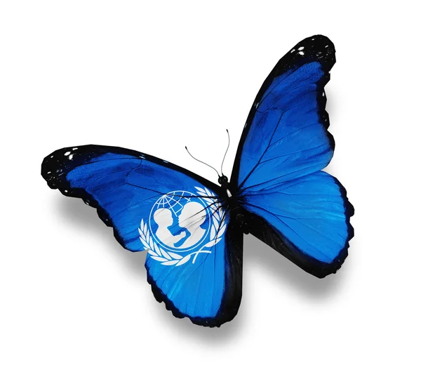 Unicef pillangó, elszigetelt fehér zászlaja — Stock Fotó