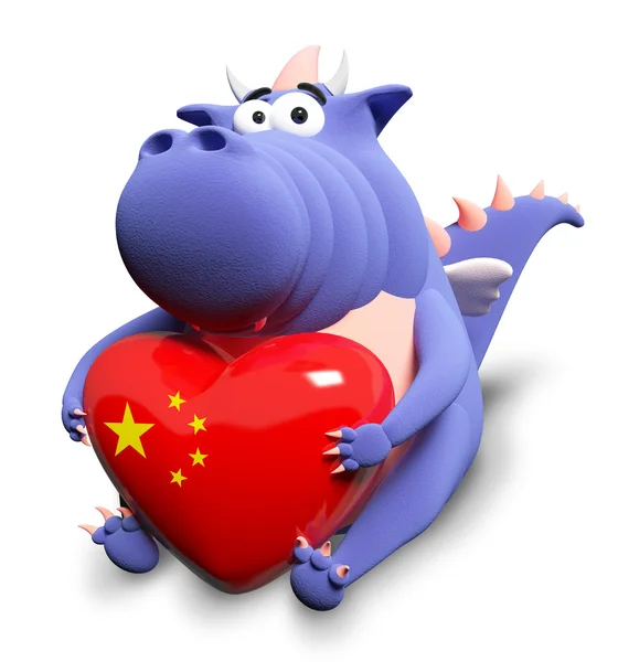 Dragão azul e grande coração com bandeira chinesa, isolado em branco — Fotografia de Stock
