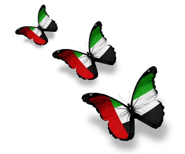 Tre farfalle bandiera degli Emirati Arabi Uniti, isolate su bianco — Foto Stock