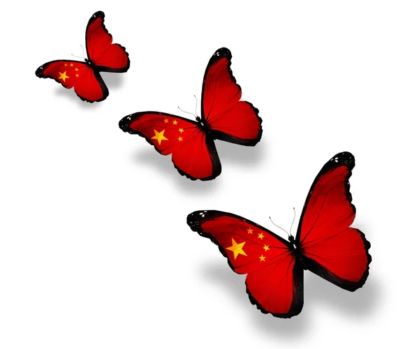 3 人の中国語フラグを白で隔離される蝶 — ストック写真