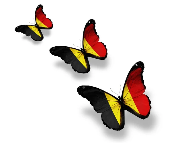 Tre farfalle bandiera belga, isolate su bianco — Foto Stock