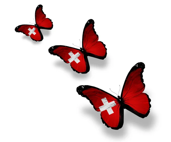 Trzy Szwajcarska flaga motyle na białym tle — Zdjęcie stockowe