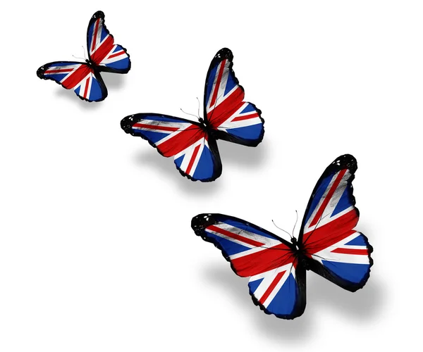 Três borboletas de bandeira inglesa, isoladas em branco — Fotografia de Stock