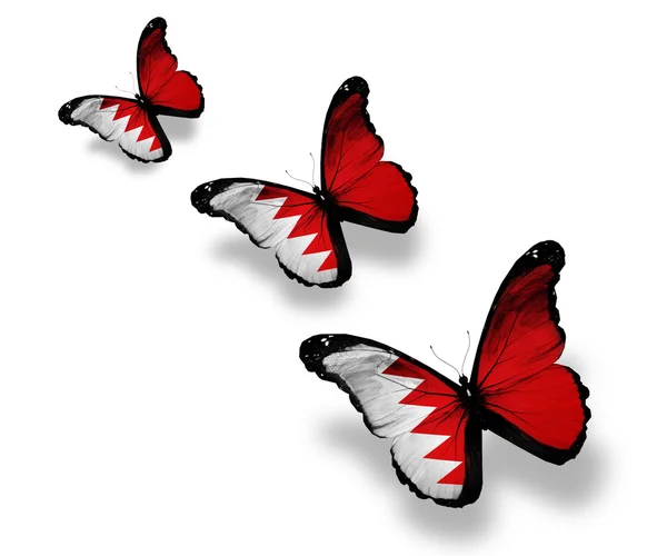 Tre farfalle bandiera bahreinita, isolate su bianco — Foto Stock
