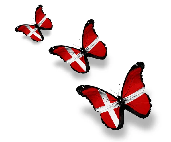 Três borboletas da bandeira dinamarquesa, isoladas em branco — Fotografia de Stock