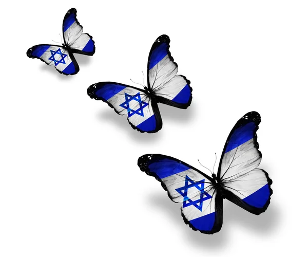 Trzy motyle izraelskie flagi, na białym tle — Zdjęcie stockowe