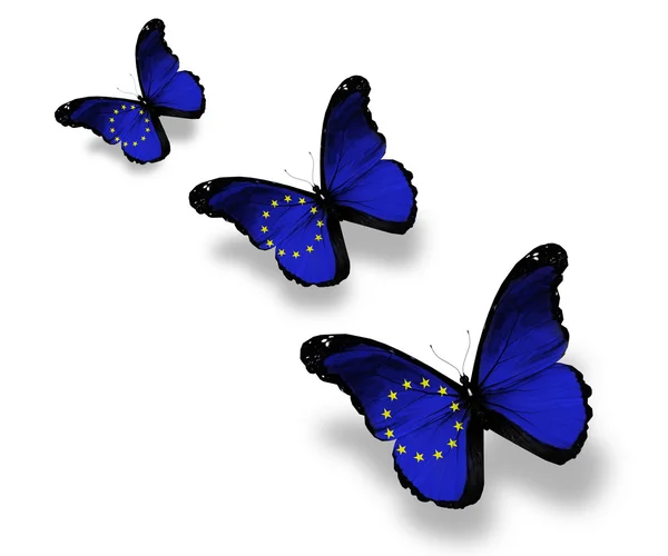 Tři Evropské unie vlajka motýly, izolované na bílém — Stock fotografie