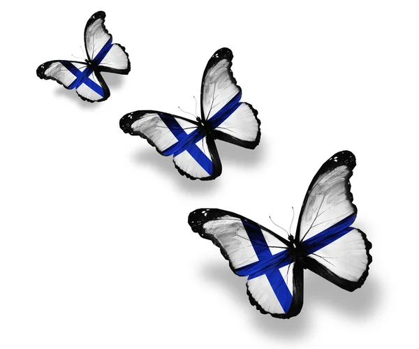 Tres mariposas de bandera finlandesa, aisladas en blanco — Foto de Stock
