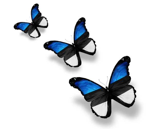 Três borboletas bandeira estoniana, isolado em branco — Fotografia de Stock