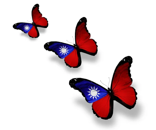 Tre farfalle bandiera taiwanese, isolate su bianco — Foto Stock