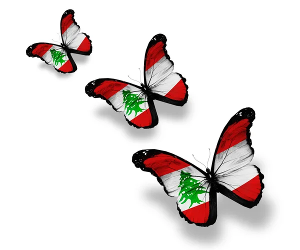 Tre farfalle bandiera libanese, isolate su bianco — Foto Stock