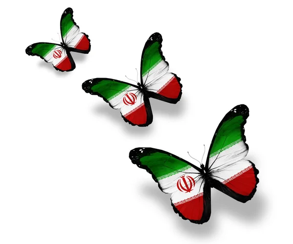 Trzy motyle flaga Iranu, na białym tle — Zdjęcie stockowe