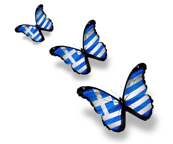 Three Greek flag butterflies, isolated on white — Stock Photo, Image