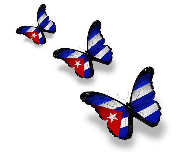 Tre farfalle bandiera cubana, isolate su bianco — Foto Stock